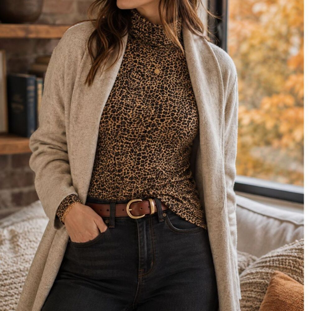 J.Crew Factory Tissue Turtleneck S Leopard Print Cotton Slim Fit Fall Layering